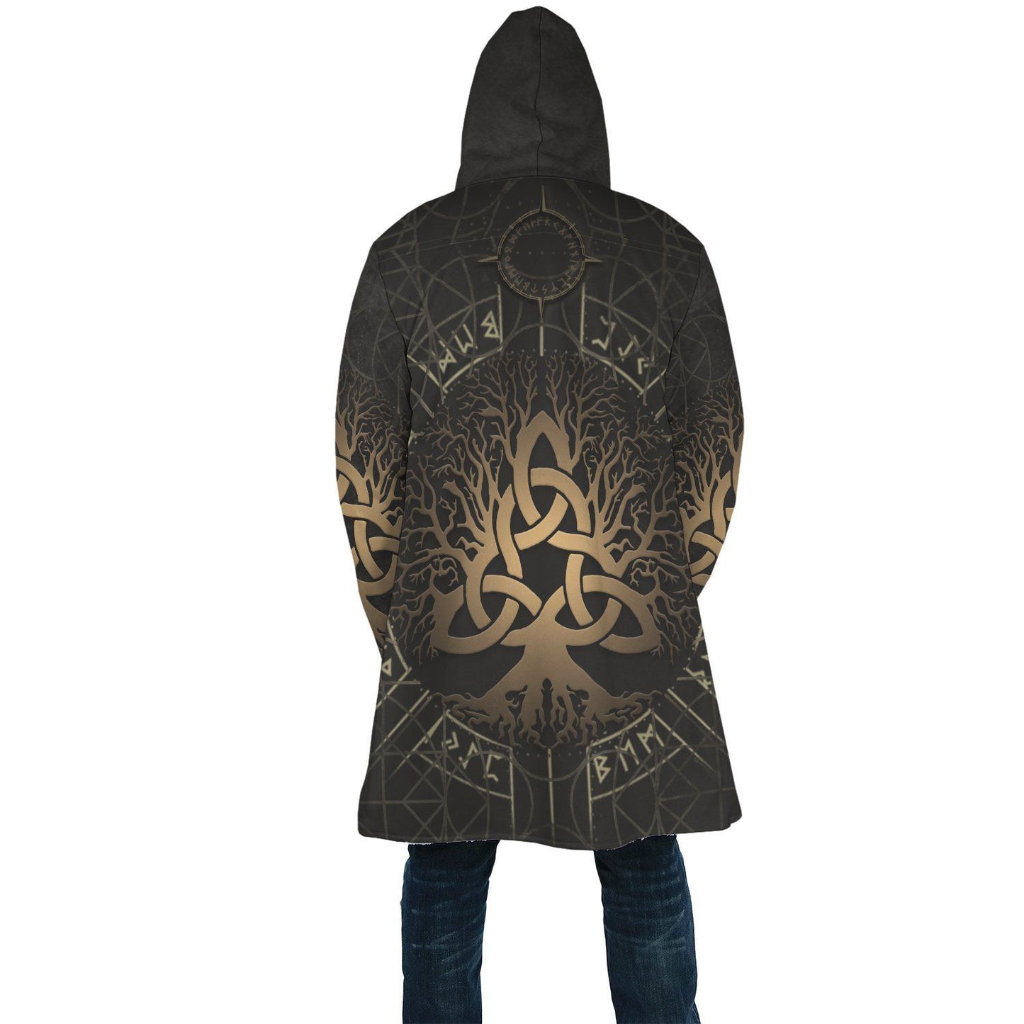 1stIceland Viking Hooded Cloak, Yggdrasil Helm Of Awe Rune Circle K7 DTD05302002-ALL OVER PRINT CLOAKS (W)-HP Arts-XS-Black And Gold-Vibe Cosy™