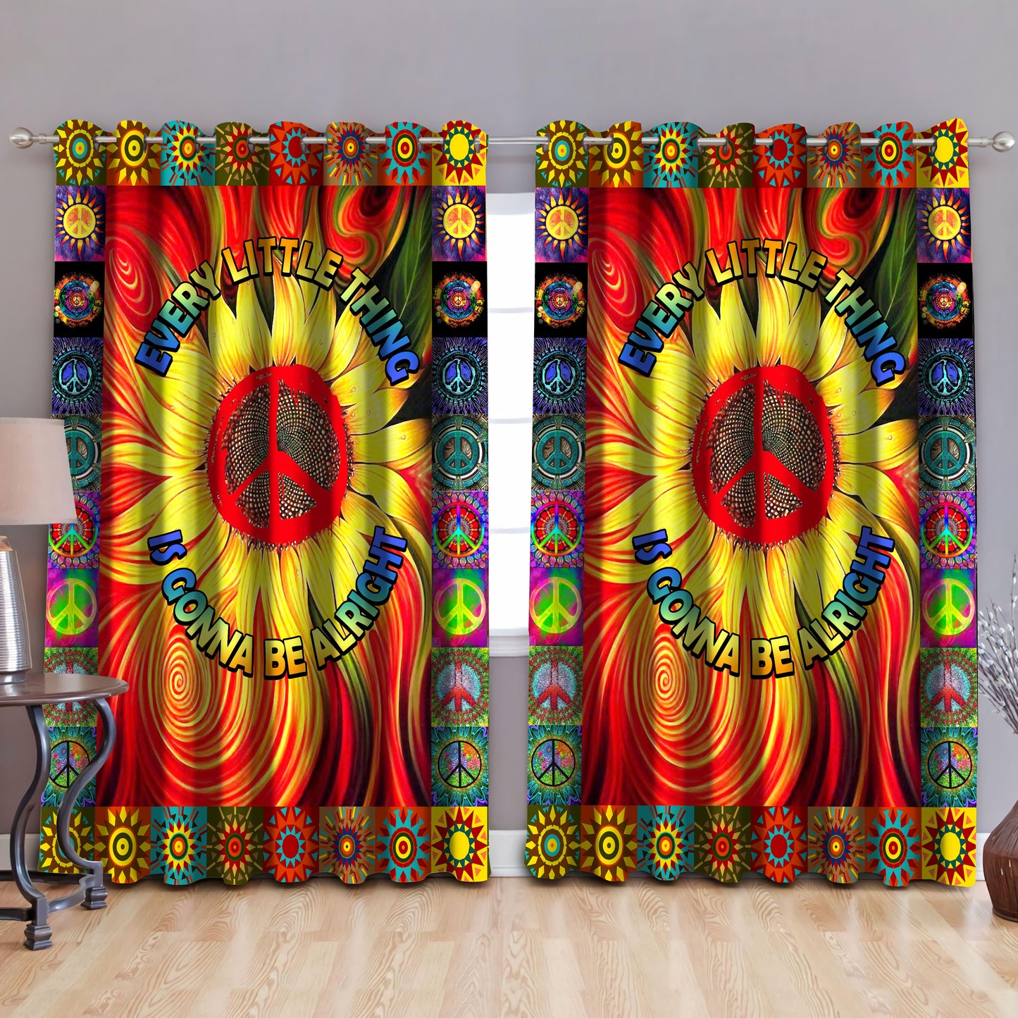 Hippie Every Little Thing Is Gonna Be Alright Sunflower Blackout Thermal Grommet Window Curtains QB05282001-TA-Curtains-TA-52'' x 63''-Vibe Cosy™