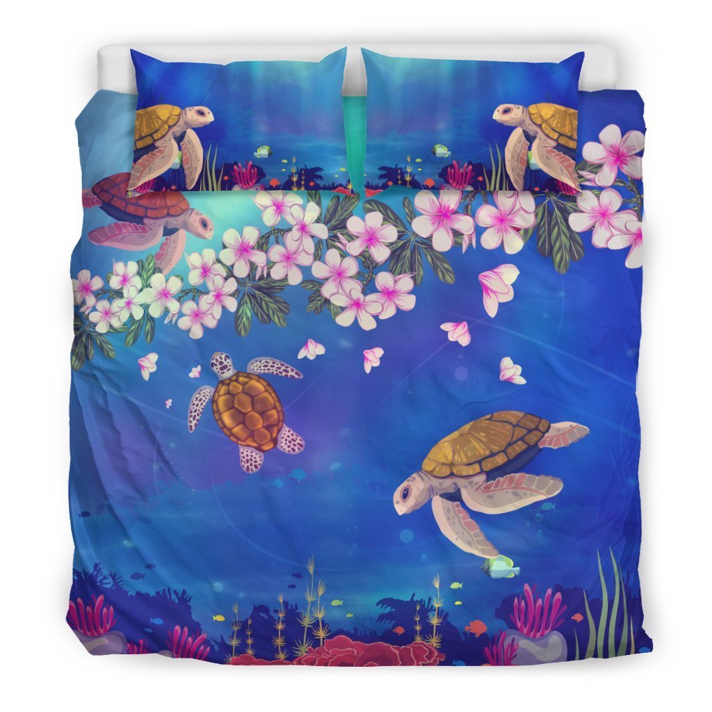 Turtle And Plumeria Pattern Hawaiian Bedding Set - AH-BEDDING SETS-Alohawaii-US King-Black-Polyester-Vibe Cosyβ’