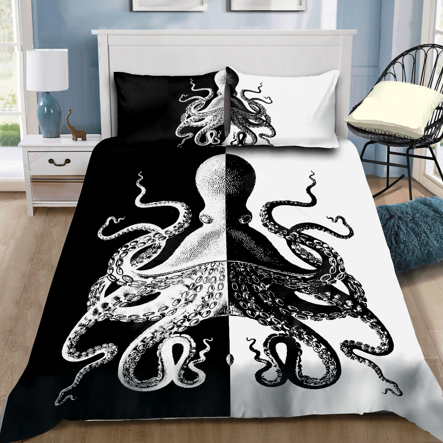 Premium Bedding Set Black And White Kraken Octopus King of The Seven Seas ML