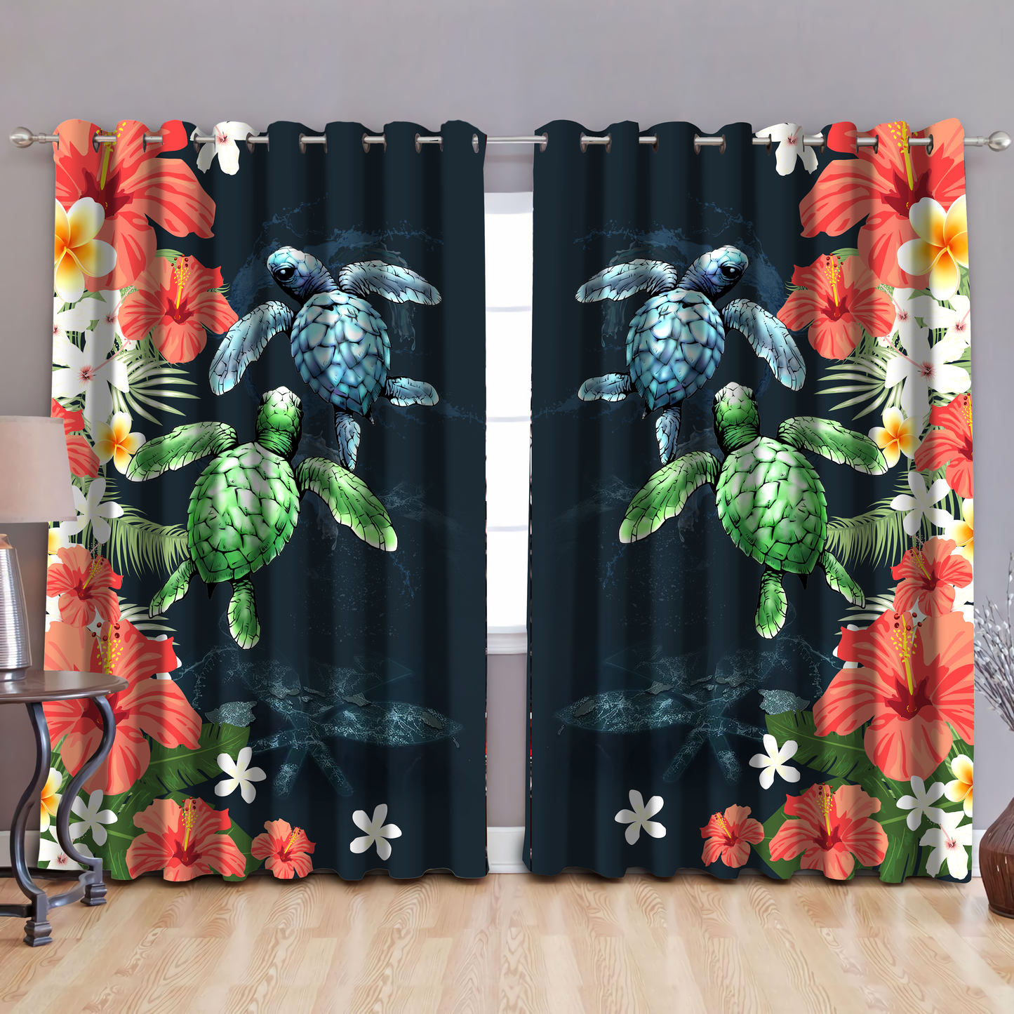 Kanaka Maoli (Hawaiian) bedding set, sea turtle tropical hibiscus and plumeria, blackout thermal grommet window curtains HG52200S-HG-52'' x 63''-Vibe Cosy™