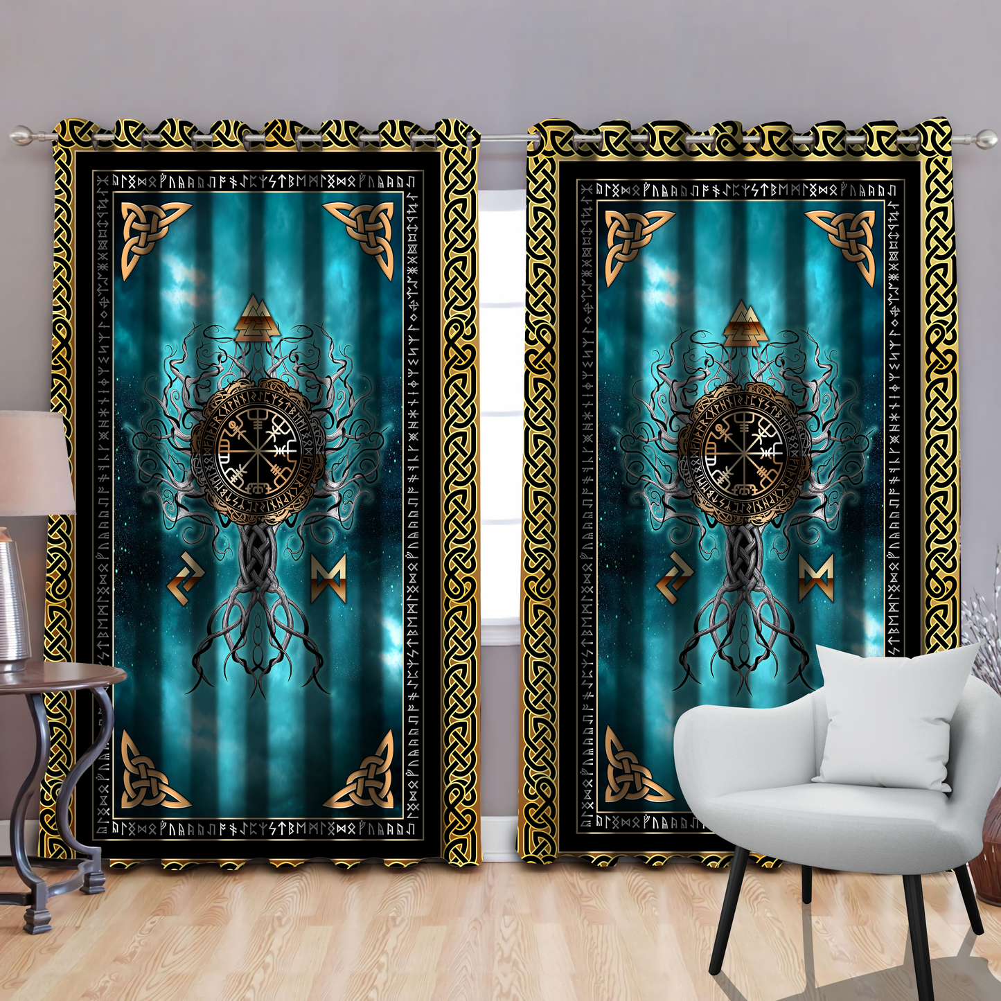 Vikings - Celtic Tree of Life Thermal Grommet Window Curtains-Curtains-HP Arts-52'' x 63''-Vibe Cosy™