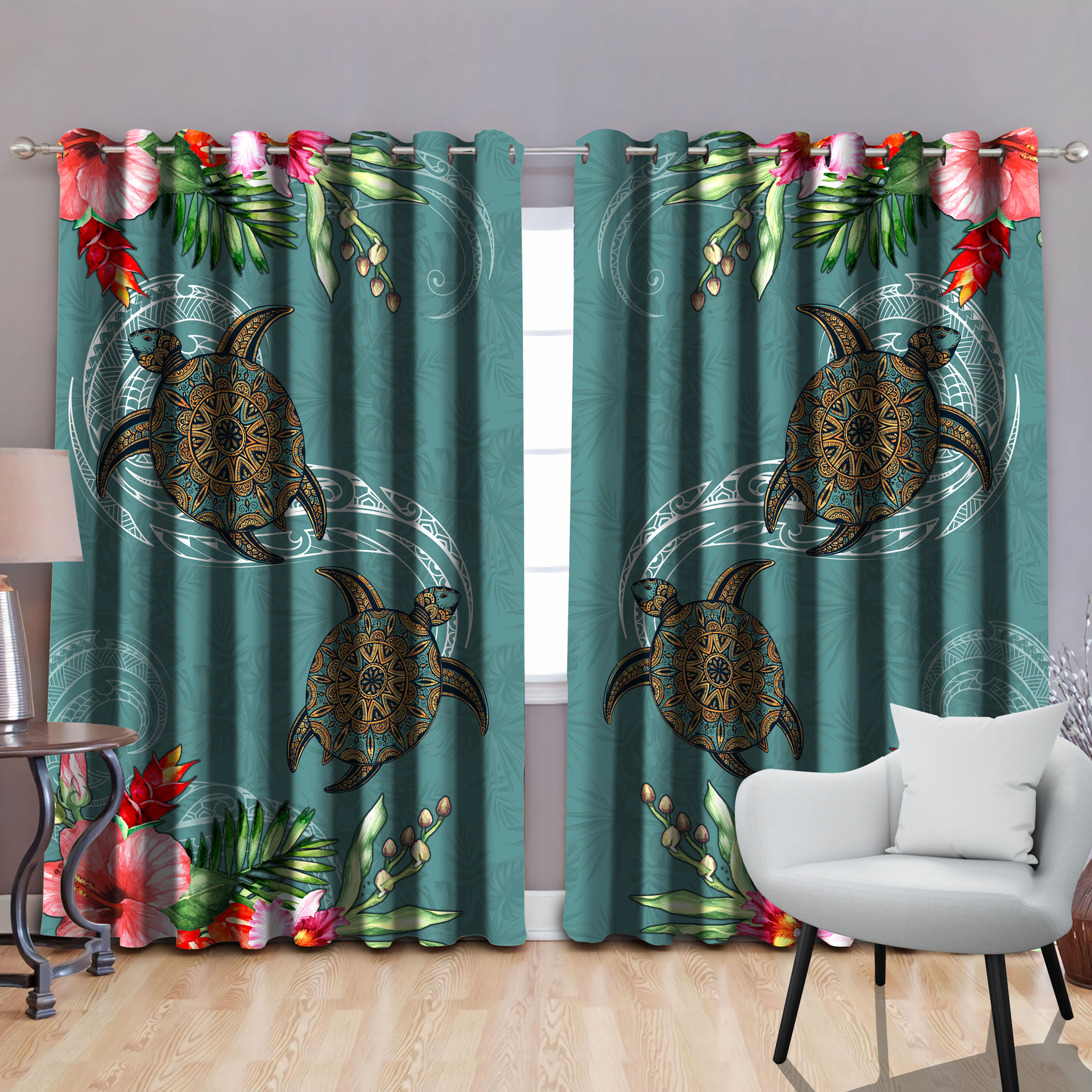 Turtle polynesian hibiscus, blackout thermal grommet window curtains HN280501S-HG-HG-52'' x 63''-Vibe Cosy™