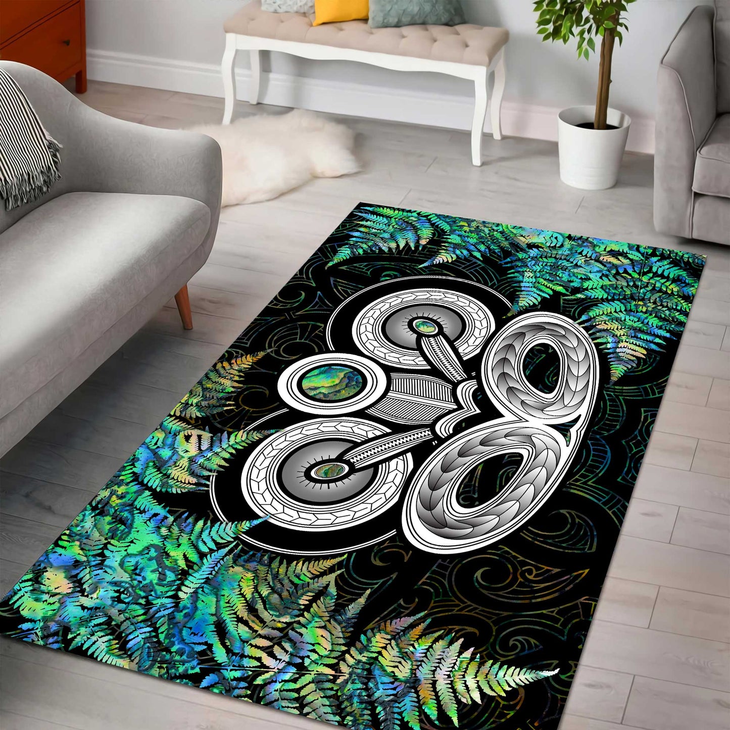 New Zealand Aotearoa Maori Tiki Silver Fern Paua Shell Rug ML