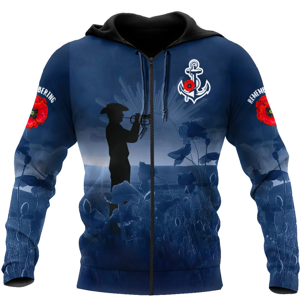 Rememberance Anzac Day Poppy Flower Navy Premium Unisex Hoodie ML
