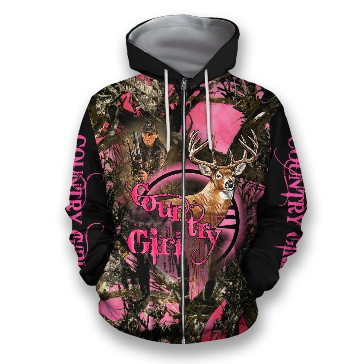 All Over Printed Hunting Deer Country Girl-Apparel-HbArts-Zip-Hoodie-S-Vibe Cosy™