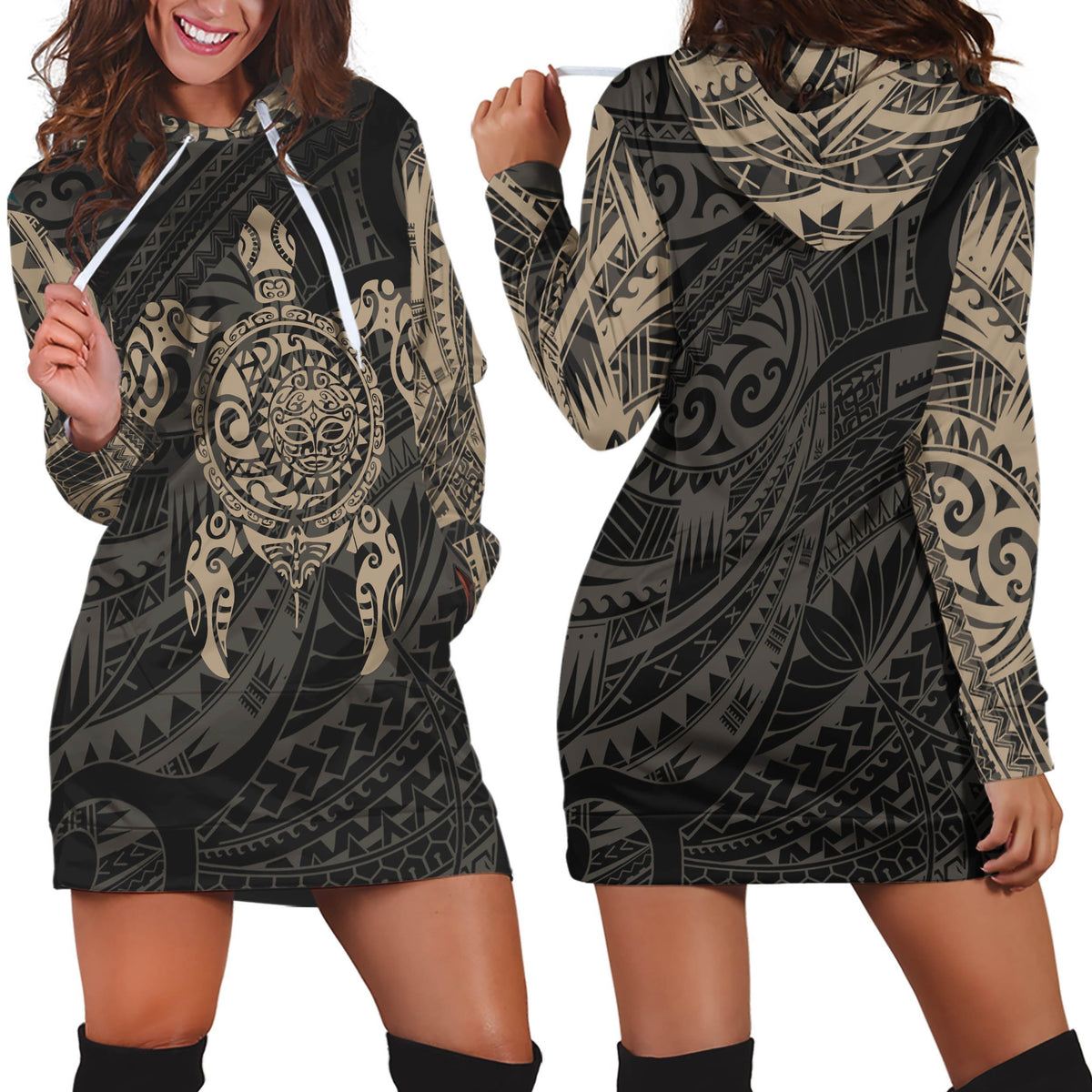 Turtle Maori Tattoo All Over Hoodie Dress Yellow-Apparel-HD09-Hoodie Dress-S-Vibe Cosyβ’