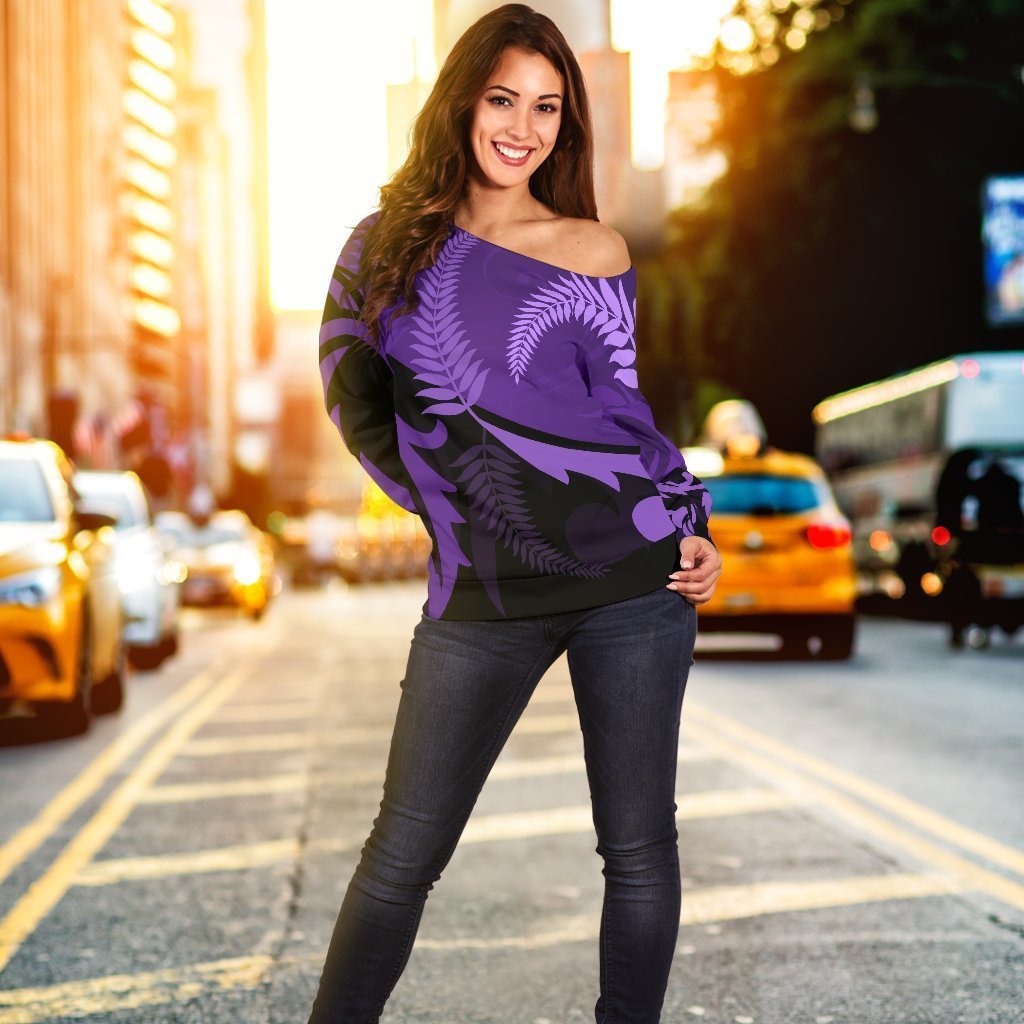 New Zealand Silver Fern Off Shoulder Sweater Purple-WOMENS OFF SHOULDER SWEATERS-HD09-Women's Off Shoulder Sweater - .-2XS-Vibe Cosy™