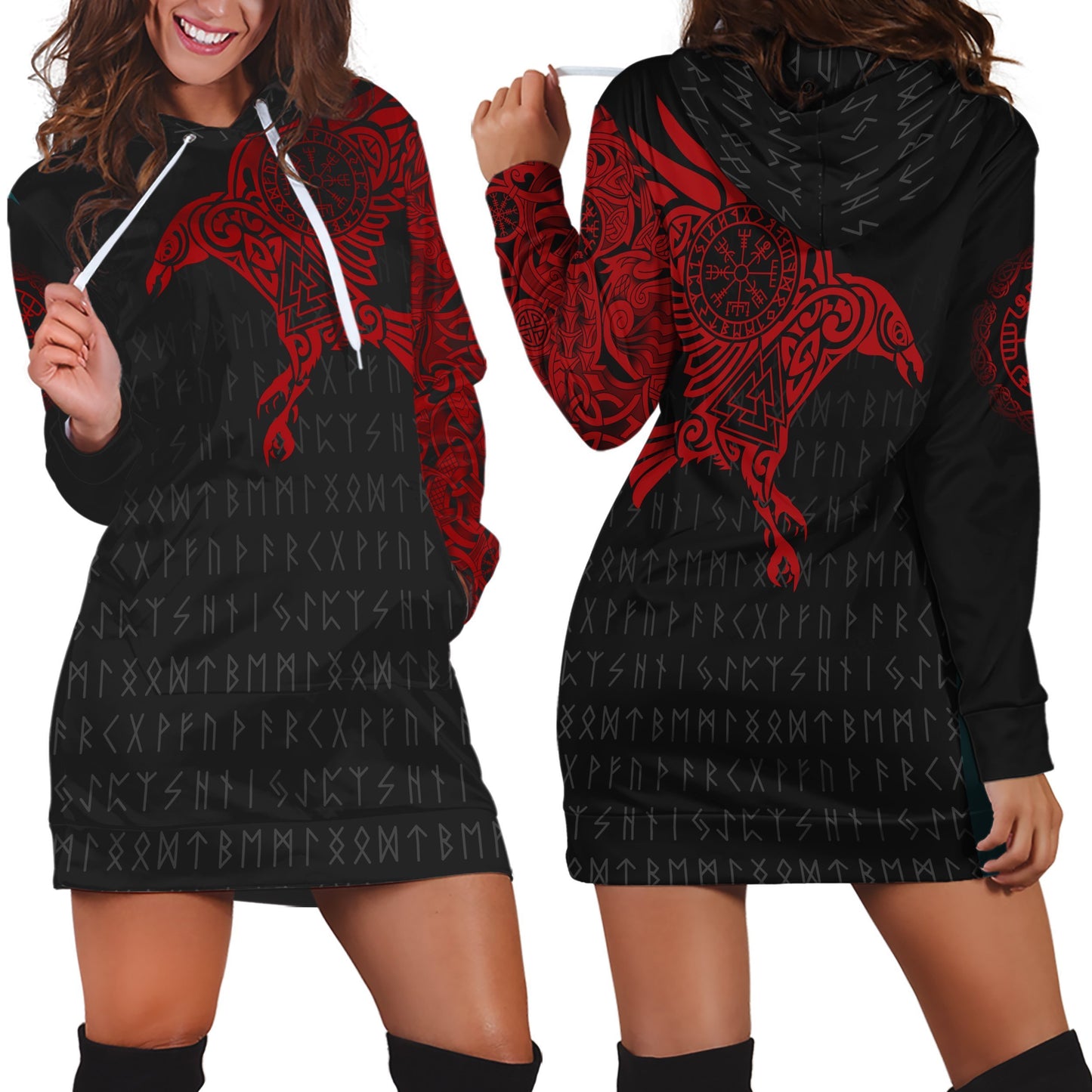 Vikings - The Raven of Odin Tattoo Red Hoodie-Apparel-HP Arts-Hoodie Dress-S-Vibe Cosy™