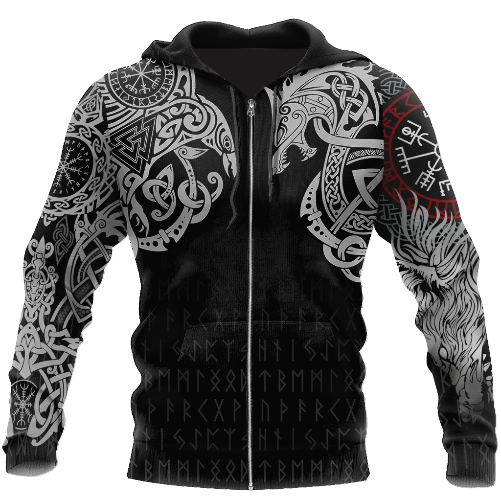 Ragnarok Warrior Tattoo Fenrir and Odin Raven 3D All Over Print Hoodie