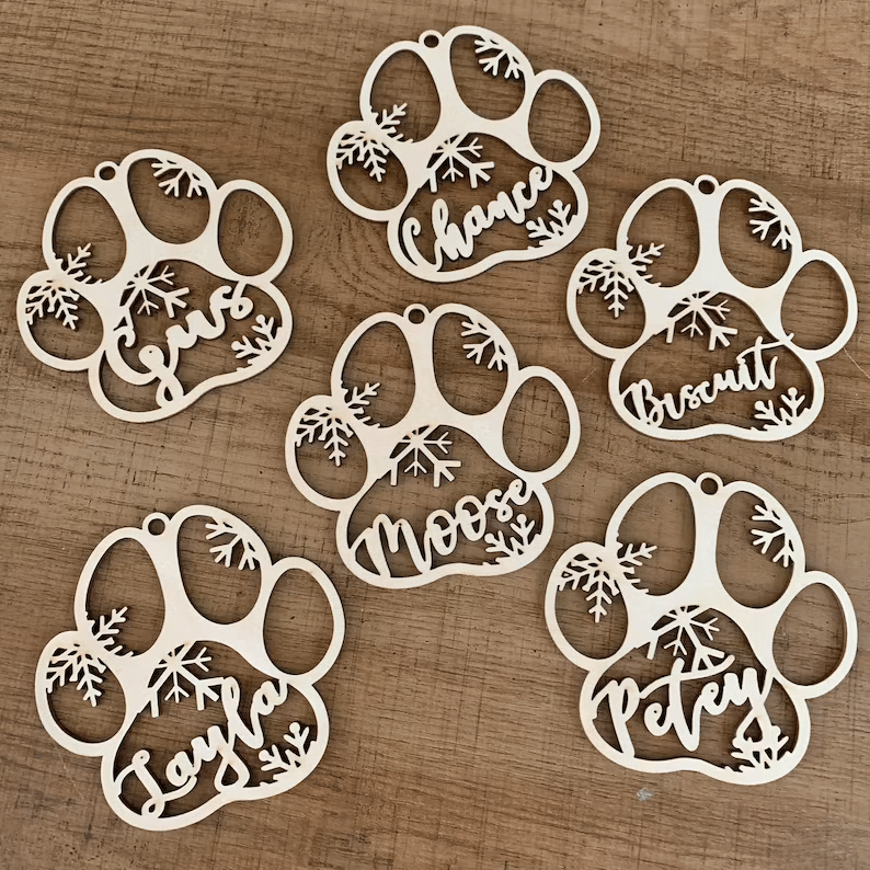 Custom Name Dog Paw Christmas Hanging Wooden Ornaments