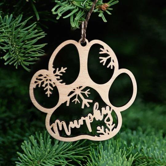 Custom Name Dog Paw Christmas Hanging Wooden Ornaments