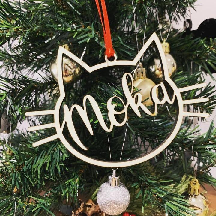 Custom Name Cat Face Christmas Hanging Wooden Ornaments