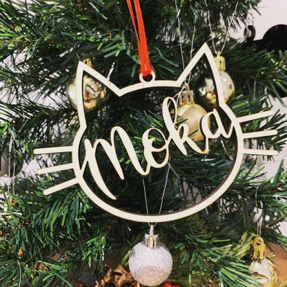 Custom Name Cat Face Christmas Hanging Wooden Ornaments