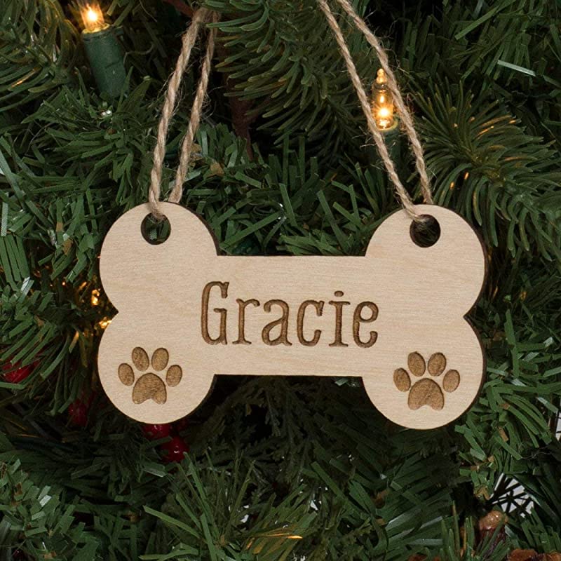 Custom name Dog Bone & Paw Prints Christmas Hanging Wooden Ornaments