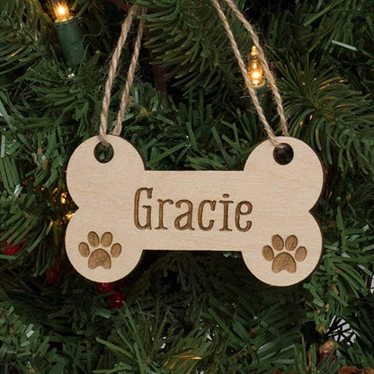 Custom name Dog Bone & Paw Prints Christmas Hanging Wooden Ornaments