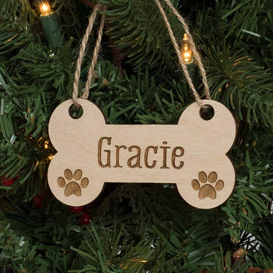 Custom name Dog Bone & Paw Prints Christmas Hanging Wooden Ornaments