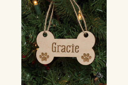 Custom name Dog Bone & Paw Prints Christmas Hanging Wooden Ornaments