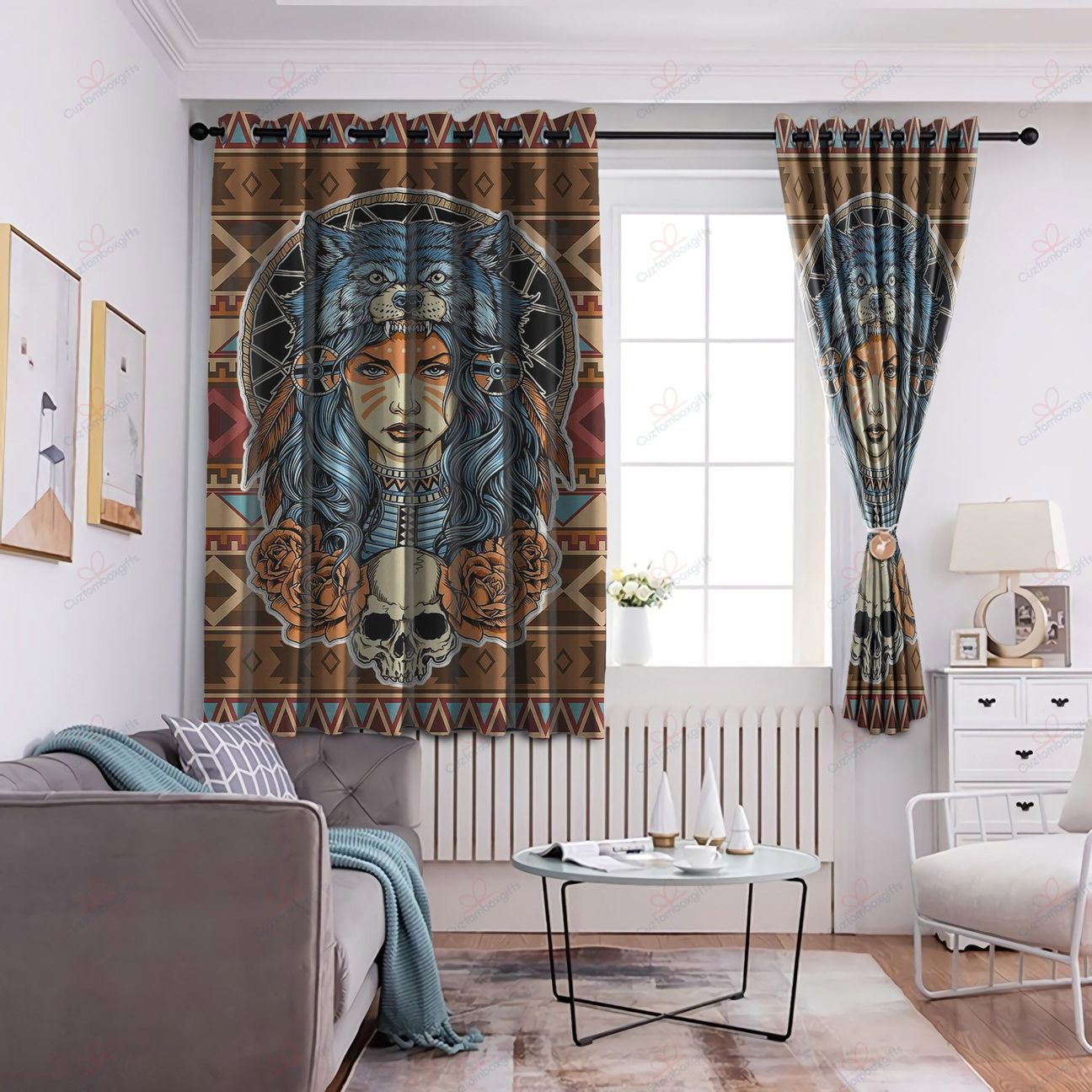 Native American Girl With Wolf Headdress Window Curtains TH20060901-Curtains-TQH-52'' x 63''-Vibe Cosy™