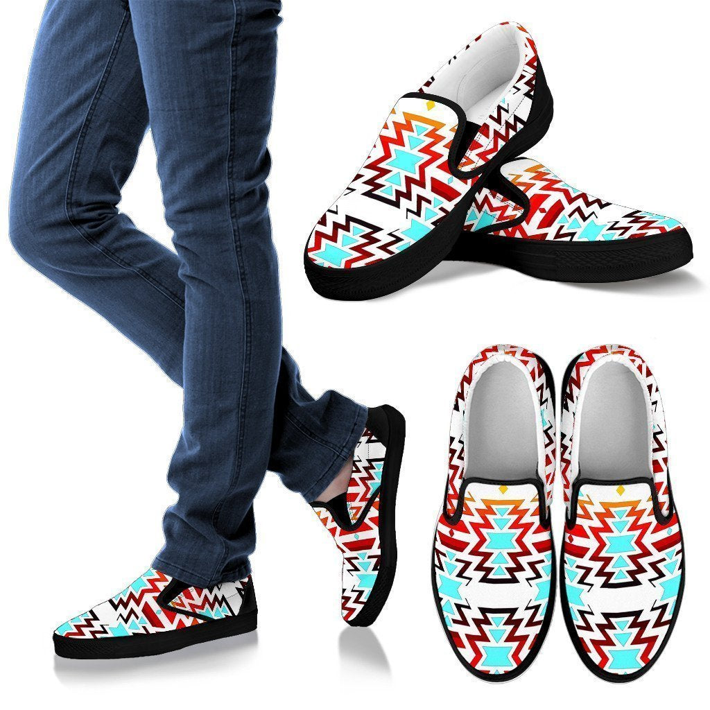 Big Pattern Fire Colors and Turquoise Men's Slip Ons-6teenth World™-Kid's Sneakers-US8 (EU40)-Vibe Cosy™