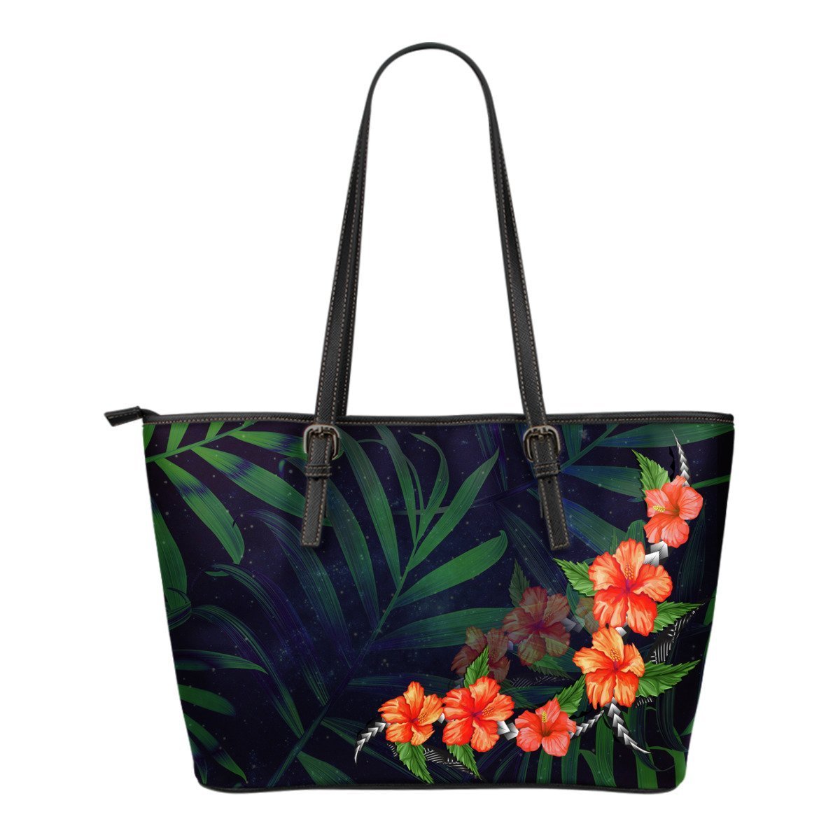 Hibiscus Small Leather Tote Bag 05 - AH-LEATHER TOTES-Alohawaii-Small Leather Tote Bag-Black-PU leather-Vibe Cosy™