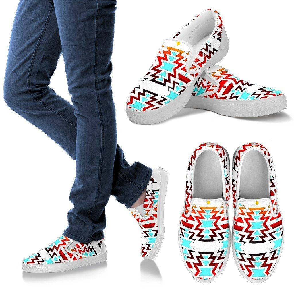 Big Pattern Fire Colors and Turquoise white Men's Slip Ons-6teenth World™-Kid's Sneakers-US8 (EU40)-Vibe Cosy™