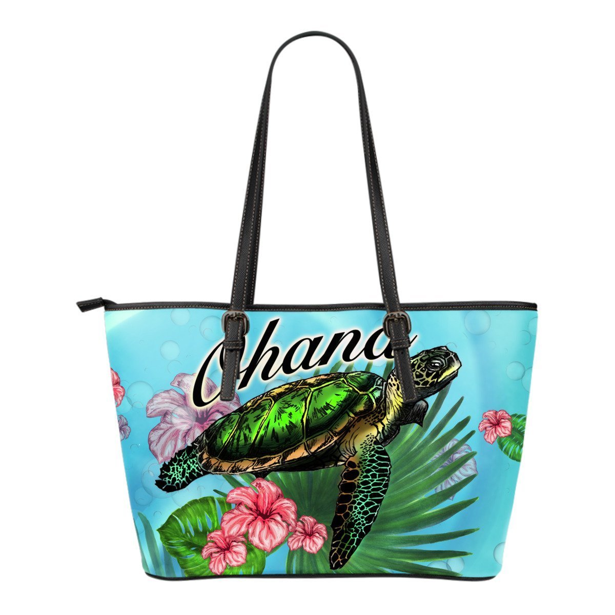 Ohana Turtle And Hibiscus Small Leather Tote Bag - AH-LEATHER TOTES-Alohawaii-Small Leather Tote Bag-Black-PU leather-Vibe Cosy™