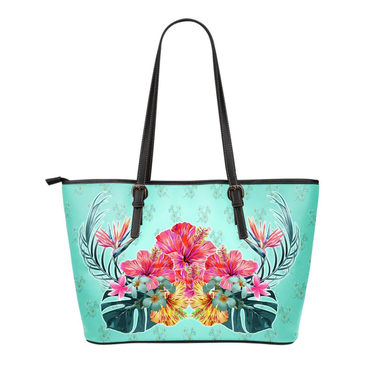 Hibiscus Small Leather Tote Bag 06 - AH-LEATHER TOTES-Alohawaii-Small Leather Tote Bag-Black-PU leather-Vibe Cosy™