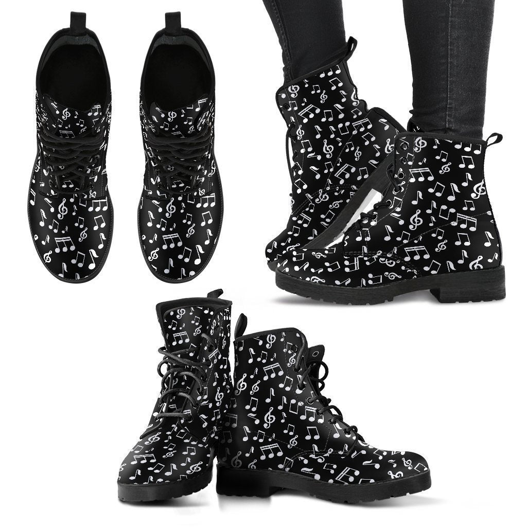 Black Music Notes Design Shoes. Womens Boots-6teenth World™-Women's Leather Boots-US5 (EU35)-Vibe Cosy™