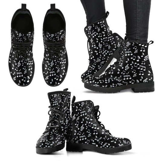 Black Music Notes Design Shoes. Womens Boots-6teenth World™-Women's Leather Boots-US5 (EU35)-Vibe Cosy™