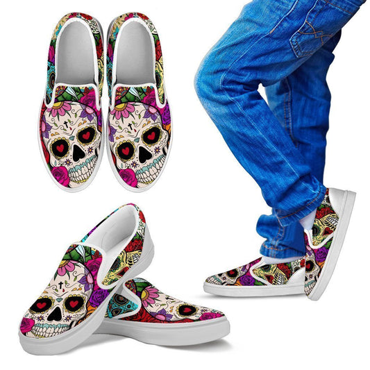 Sugar Skull Kid's Slip Ons (White)-6teenth World™-Kid's Slip Ons-11 CHILD (EU28)-Vibe Cosy™