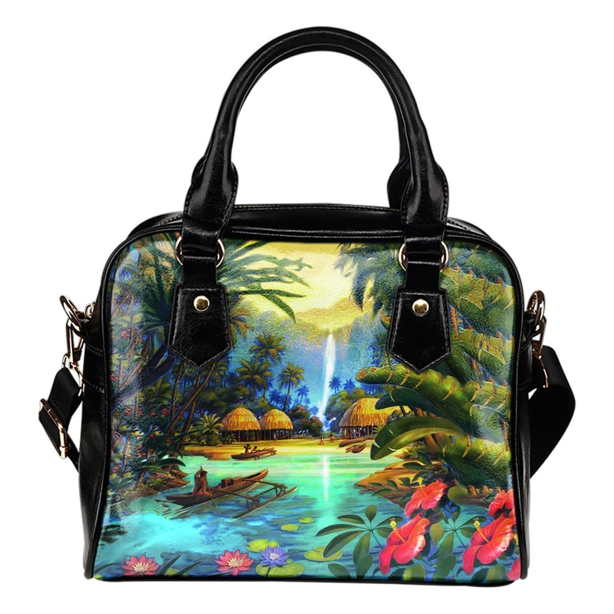 Hawaiian Picture Shoulder Handbag 01 - AH-SHOULDER HANDBAGS-Alohawaii-Shoulder Handbag-Black-PU leather-Vibe Cosy™