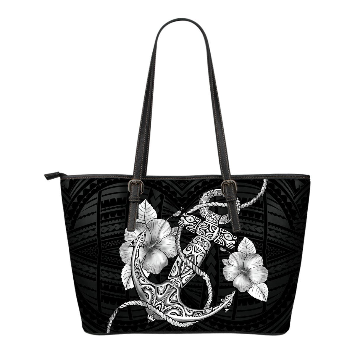 Hibiscus Polynesian Small Leather Tote Bag - AH-LEATHER TOTES-Alohawaii-Small Leather Tote Bag-Black-PU leather-Vibe Cosy™