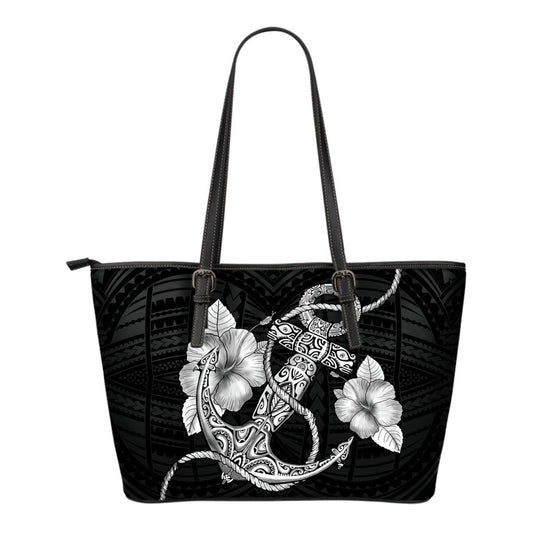Hibiscus Polynesian Small Leather Tote Bag - AH-LEATHER TOTES-Alohawaii-Small Leather Tote Bag-Black-PU leather-Vibe Cosy™