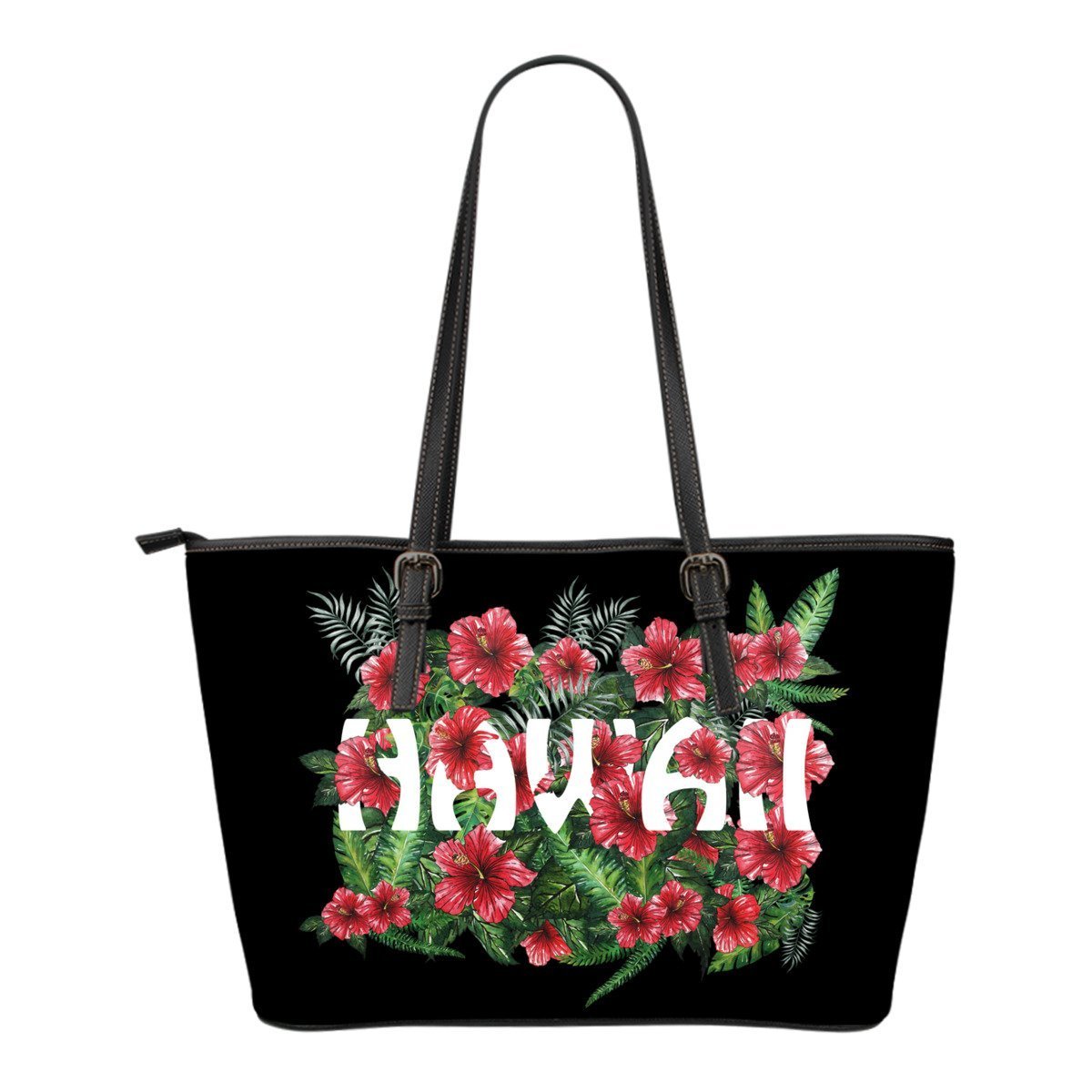 Hibiscus Small Leather Tote Bag 03 - AH-LEATHER TOTES-Alohawaii-Small Leather Tote Bag-Black-PU leather-Vibe Cosy™