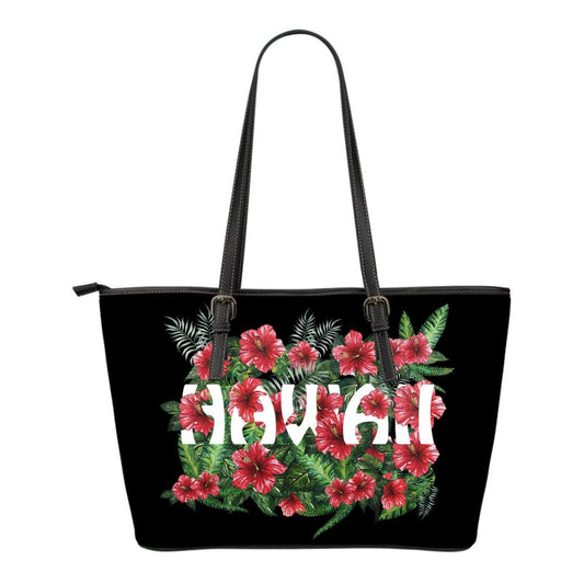Hibiscus Small Leather Tote Bag 03 - AH-LEATHER TOTES-Alohawaii-Small Leather Tote Bag-Black-PU leather-Vibe Cosy™