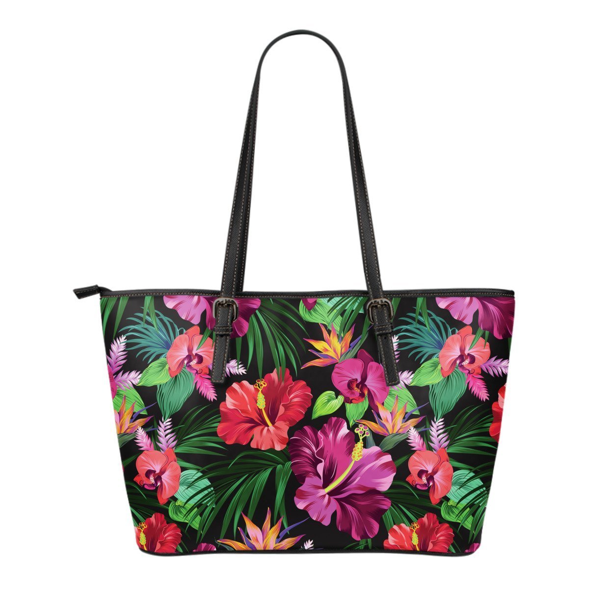 Hibiscus Small Leather Tote Bag 02 - AH-LEATHER TOTES-Alohawaii-Small Leather Tote Bag-Black-PU leather-Vibe Cosy™