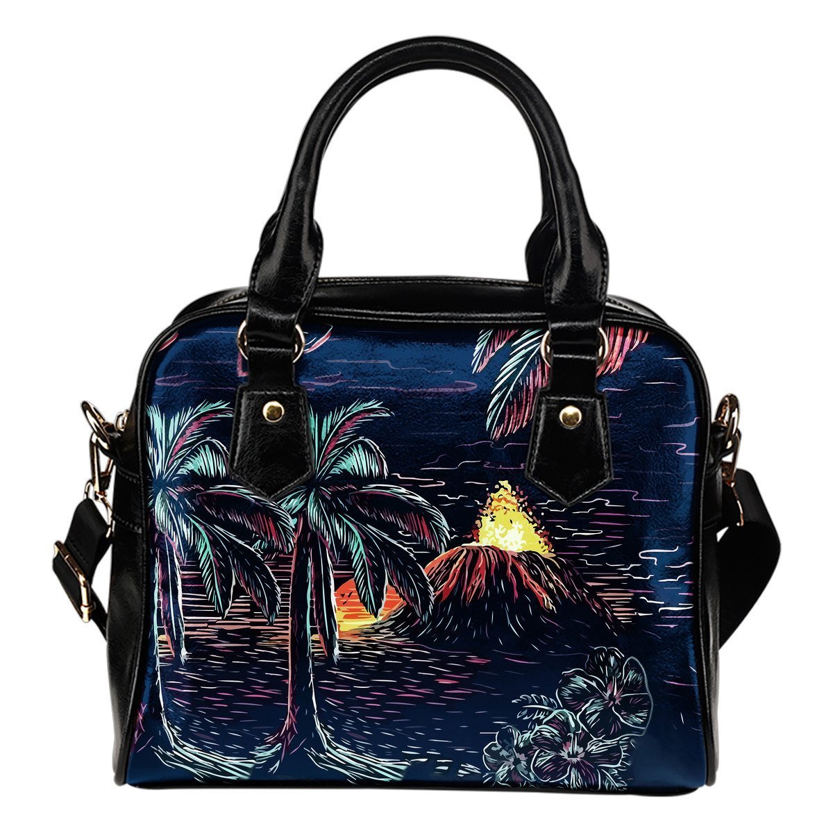 Hawaiian Picture Shoulder Handbag 02 - AH-SHOULDER HANDBAGS-Alohawaii-Shoulder Handbag-Black-PU leather-Vibe Cosy™