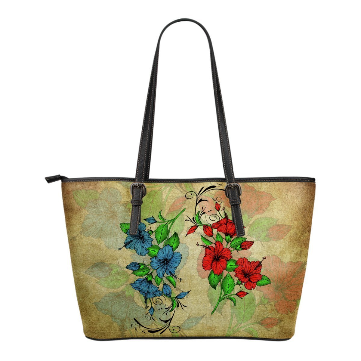 Hibiscus Small Leather Tote Bag 04 - AH-LEATHER TOTES-Alohawaii-Small Leather Tote Bags-Black-PU leather-Vibe Cosy™