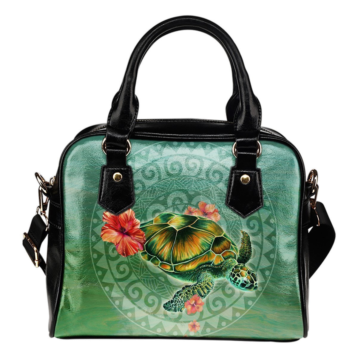 Turtle And Hibiscus Shoulder Handbag 01 - AH-SHOULDER HANDBAGS-Alohawaii-Shoulder Handbag-Black-PU leather-Vibe Cosy™