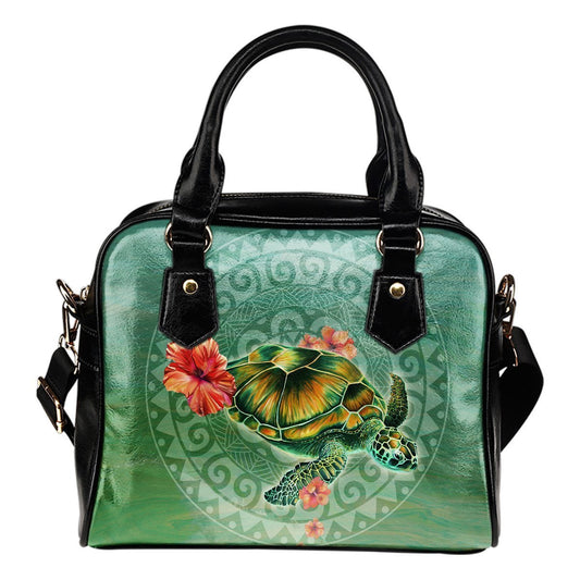 Turtle And Hibiscus Shoulder Handbag 01 - AH-SHOULDER HANDBAGS-Alohawaii-Shoulder Handbag-Black-PU leather-Vibe Cosy™