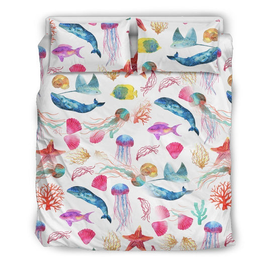 Watercolor Ocean Bedding Set with Whales and Fish-6teenth World™-Bedding Set-US Twin-Vibe Cosy™