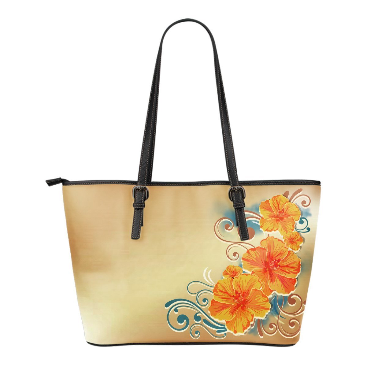 Hibiscus Small Leather Tote Bag 01 - AH-LEATHER TOTES-Alohawaii-Small Leather Tote Bag-Black-PU leather-Vibe Cosy™