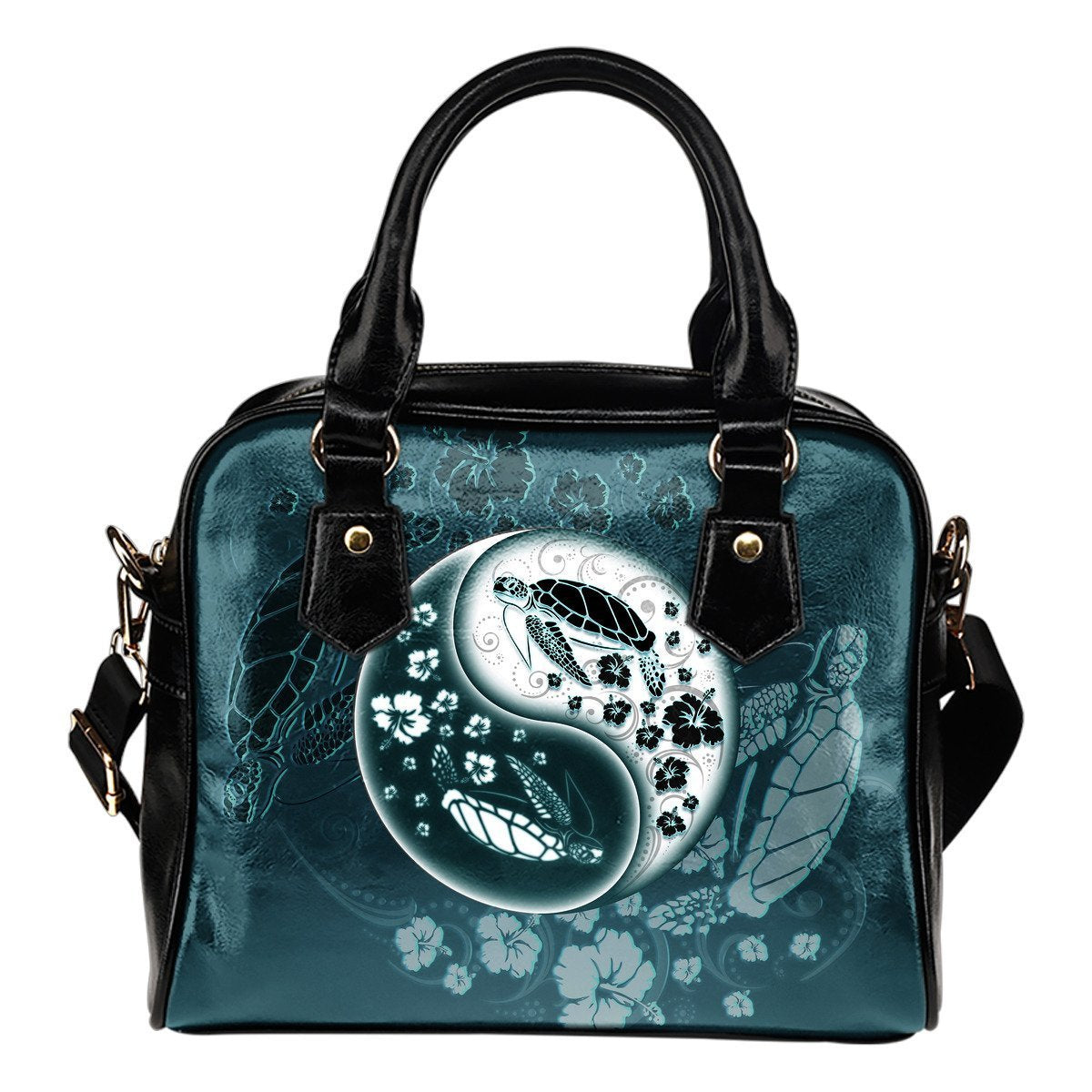 Turtle And Hibiscus Shoulder Handbag 02 - AH-SHOULDER HANDBAGS-Alohawaii-Shoulder Handbag-Black-PU leather-Vibe Cosy™
