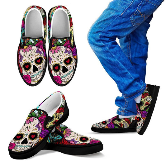 Sugar Skull Kid's Slip Ons-6teenth World™-Kid's Slip Ons-11 CHILD (EU28)-Vibe Cosy™