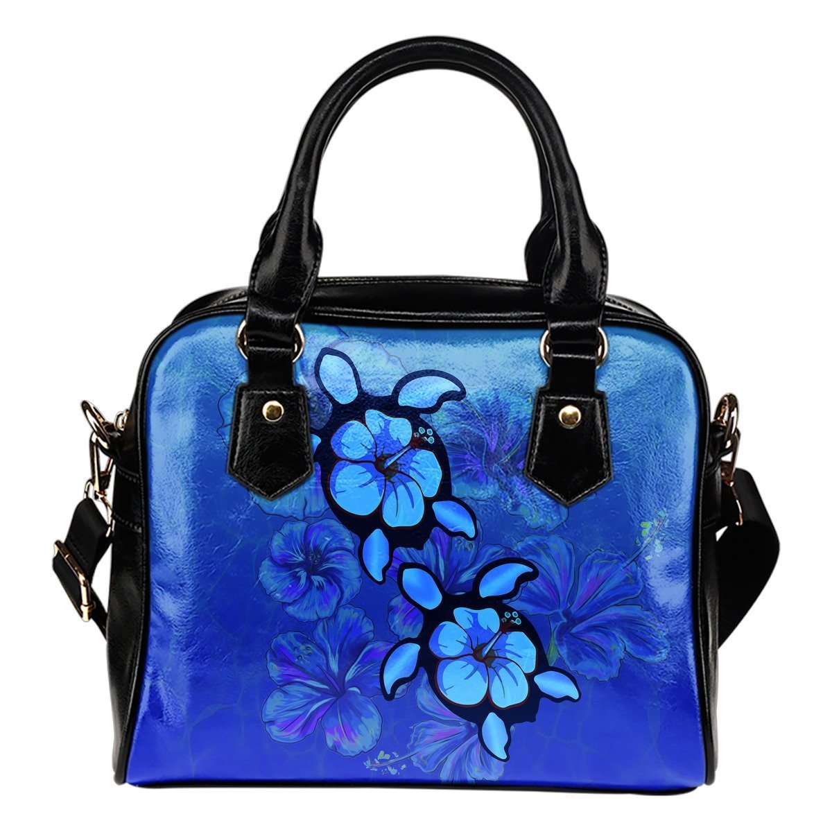 Turtle And Hibiscus Shoulder Handbag 03 - AH-SHOULDER HANDBAGS-Alohawaii-Shoulder Handbag-Black-PU leather-Vibe Cosy™