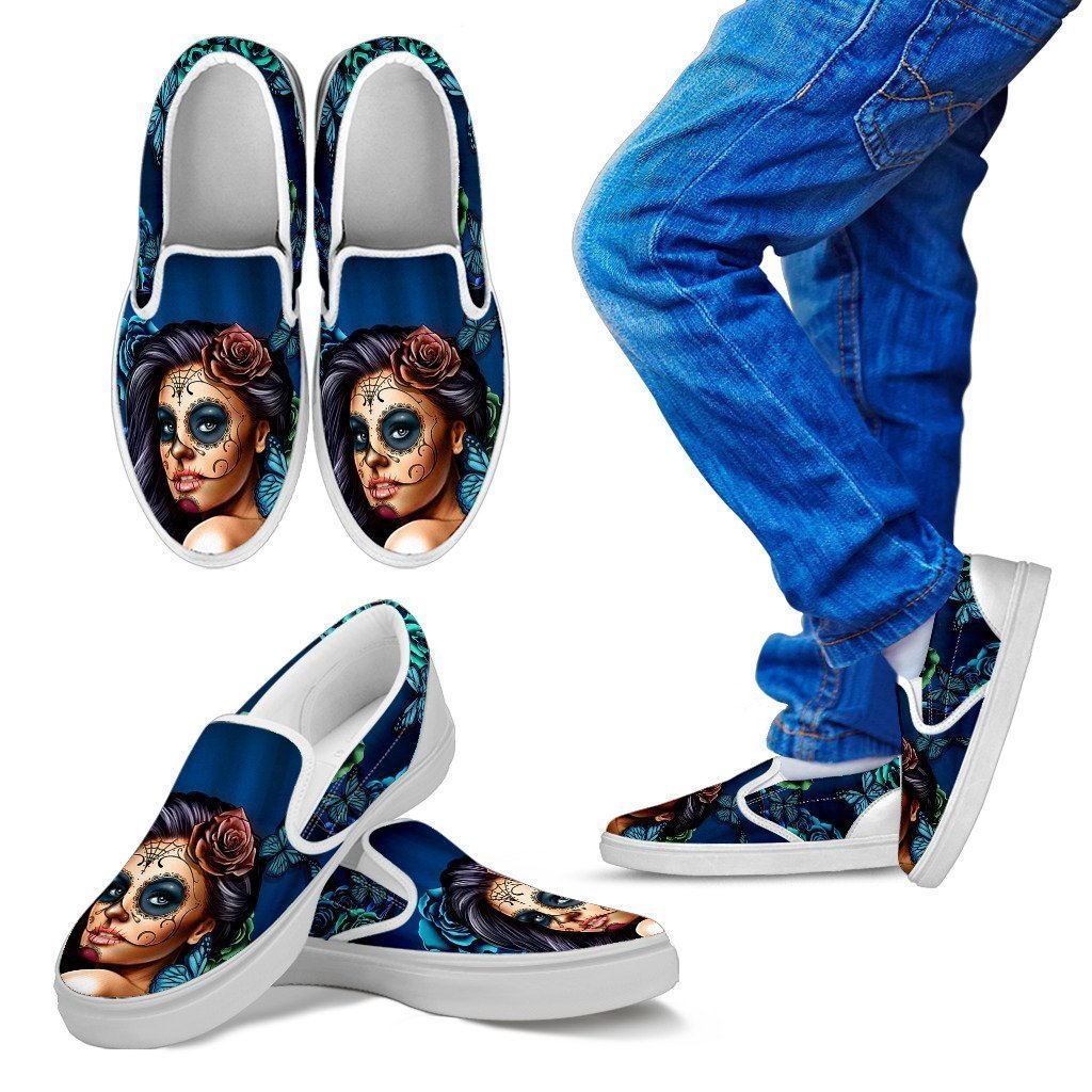 Kid's Slip Ons Calavera Turquoise (White Soles)-6teenth World™-Kid's Slip Ons-11 CHILD (EU28)-Vibe Cosy™