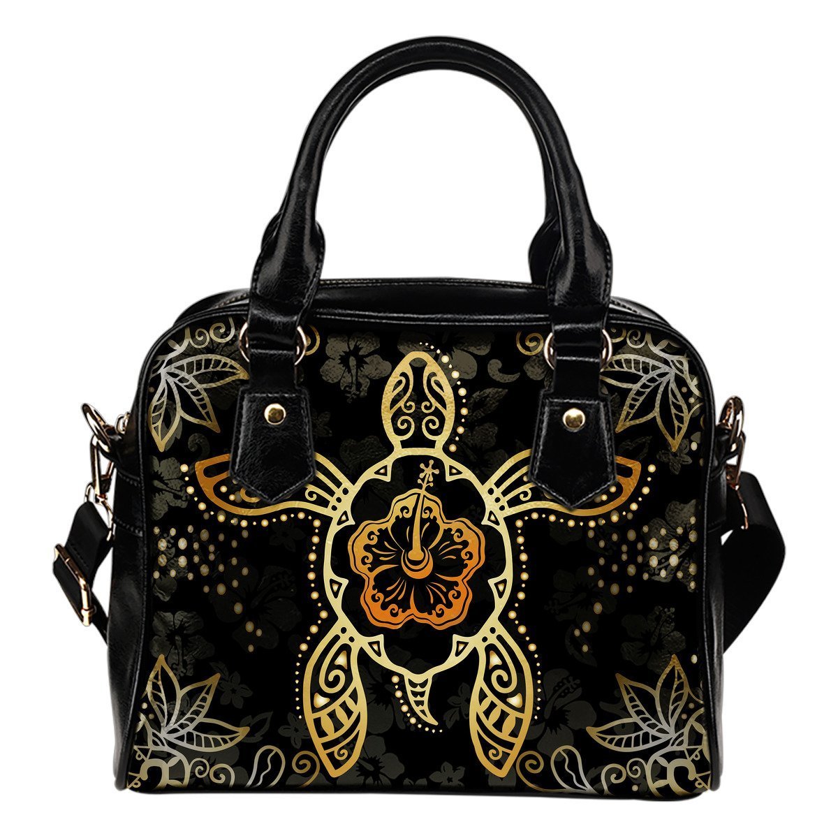 Turtle And Hibiscus Shoulder Handbag 09 - AH-SHOULDER HANDBAGS-Alohawaii-Shoulder Handbag-Black-PU leather-Vibe Cosy™