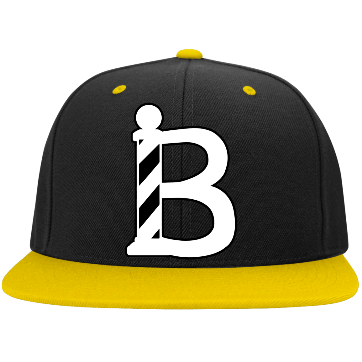 Barber Snapback B Barber Pole White Full Color-Apparel-CustomCat-STC19 Sport-Tek Flat Bill High-Profile Snapback Hat-Black/Gold-One Size-Vibe Cosy™