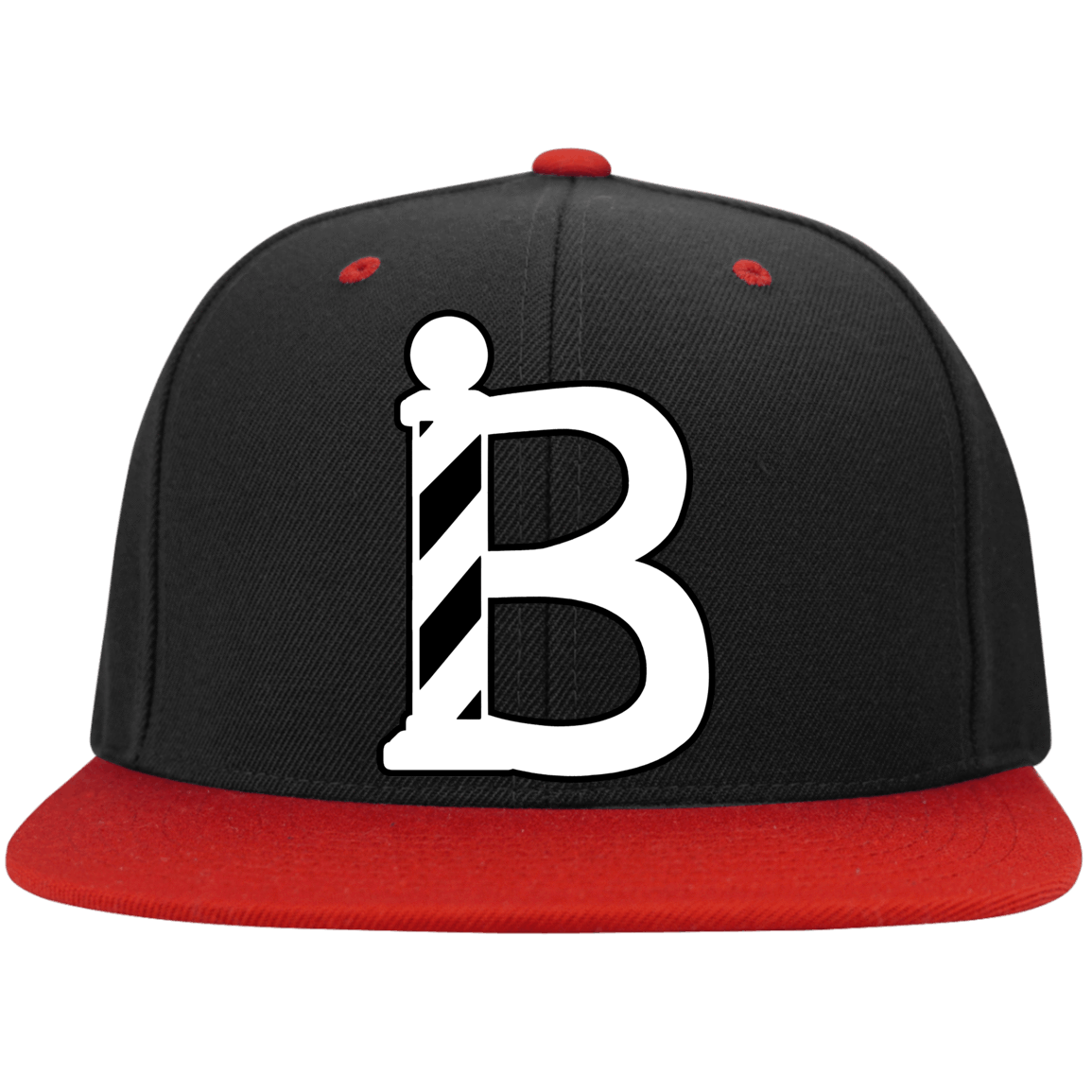 Barber Snapback B Barber Pole White Full Color-Apparel-CustomCat-STC19 Sport-Tek Flat Bill High-Profile Snapback Hat-Black/True Red-One Size-Vibe Cosy™